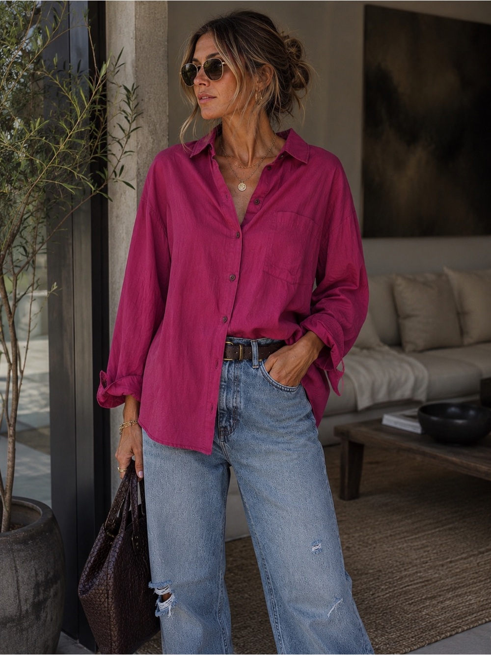 The Kit Magenta Pink Organic Cotton Button Down Shirt Oversized Sz Large